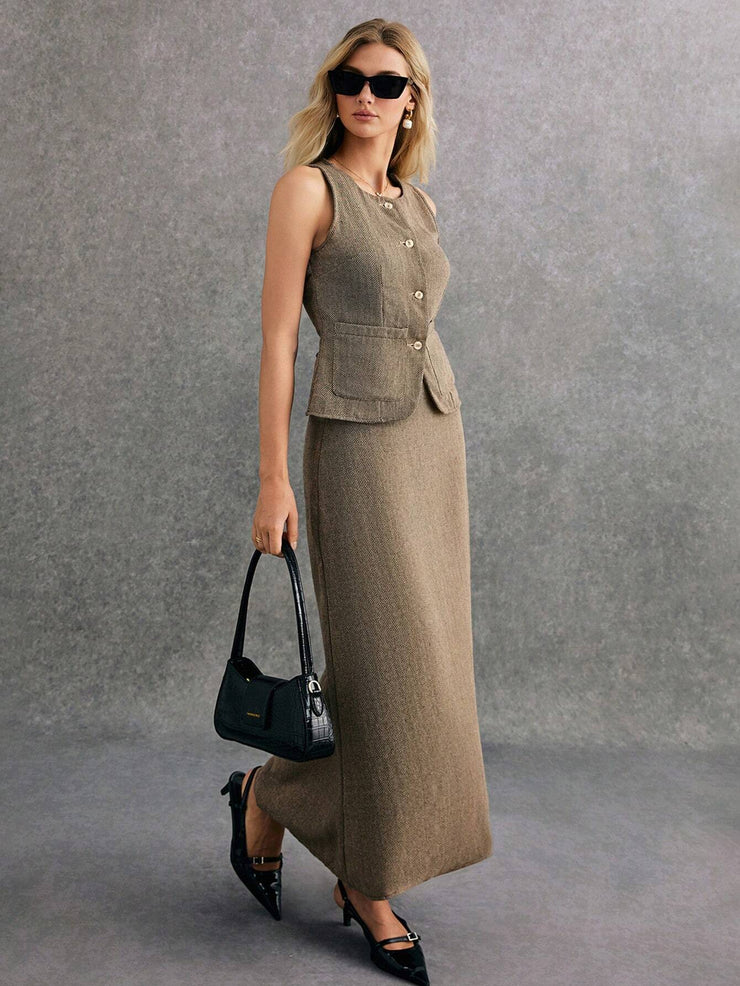 Poéselle 2pcs Excellent Minimalist Sharp, Single-Breasted Vest And Skirt Set
