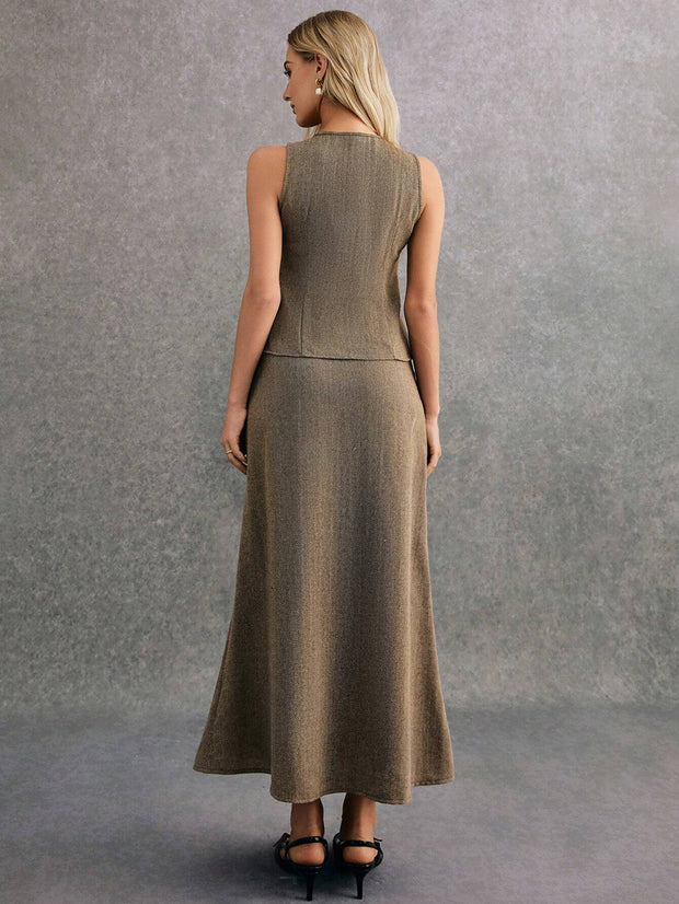 Poéselle 2pcs Excellent Minimalist Sharp, Single-Breasted Vest And Skirt Set