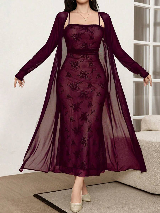 Modelyn 2pcs/Set Elegant Mesh Jacket And Slip Dress For Women, Autumn 2 Piece Set