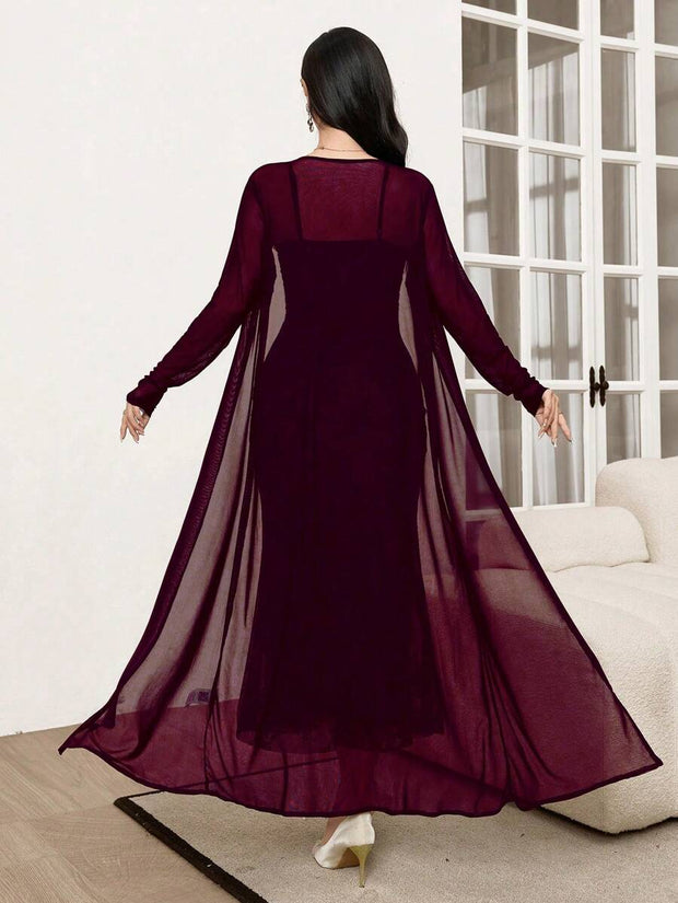 Modelyn 2pcs/Set Elegant Mesh Jacket And Slip Dress For Women, Autumn 2 Piece Set
