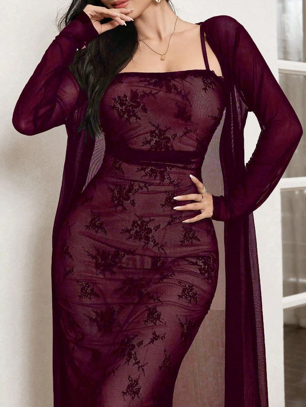 Modelyn 2pcs/Set Elegant Mesh Jacket And Slip Dress For Women, Autumn 2 Piece Set