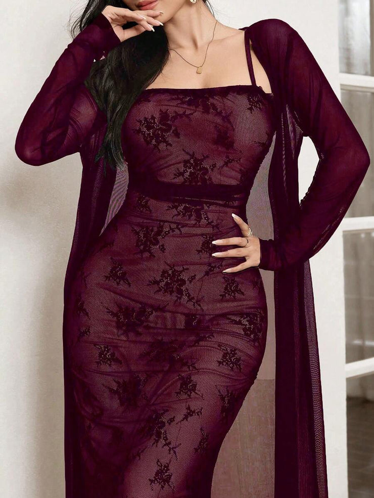 Modelyn 2pcs/Set Elegant Mesh Jacket And Slip Dress For Women, Autumn 2 Piece Set