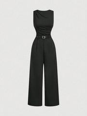 SHEIN MOD 1pc Women's Black Pleated Jumpsuit With Belt, Casual Style