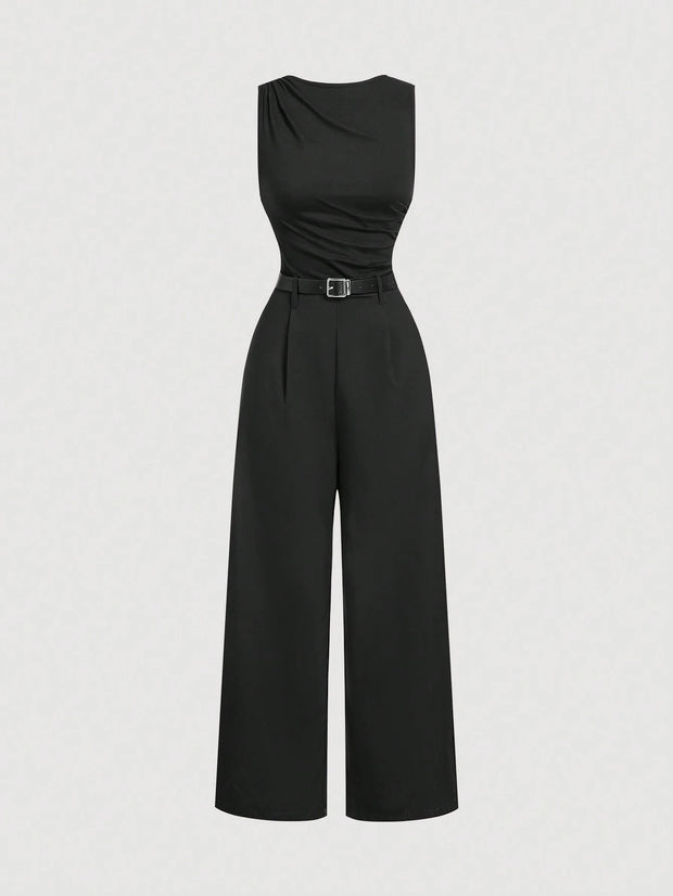 SHEIN MOD 1pc Women's Black Pleated Jumpsuit With Belt, Casual Style