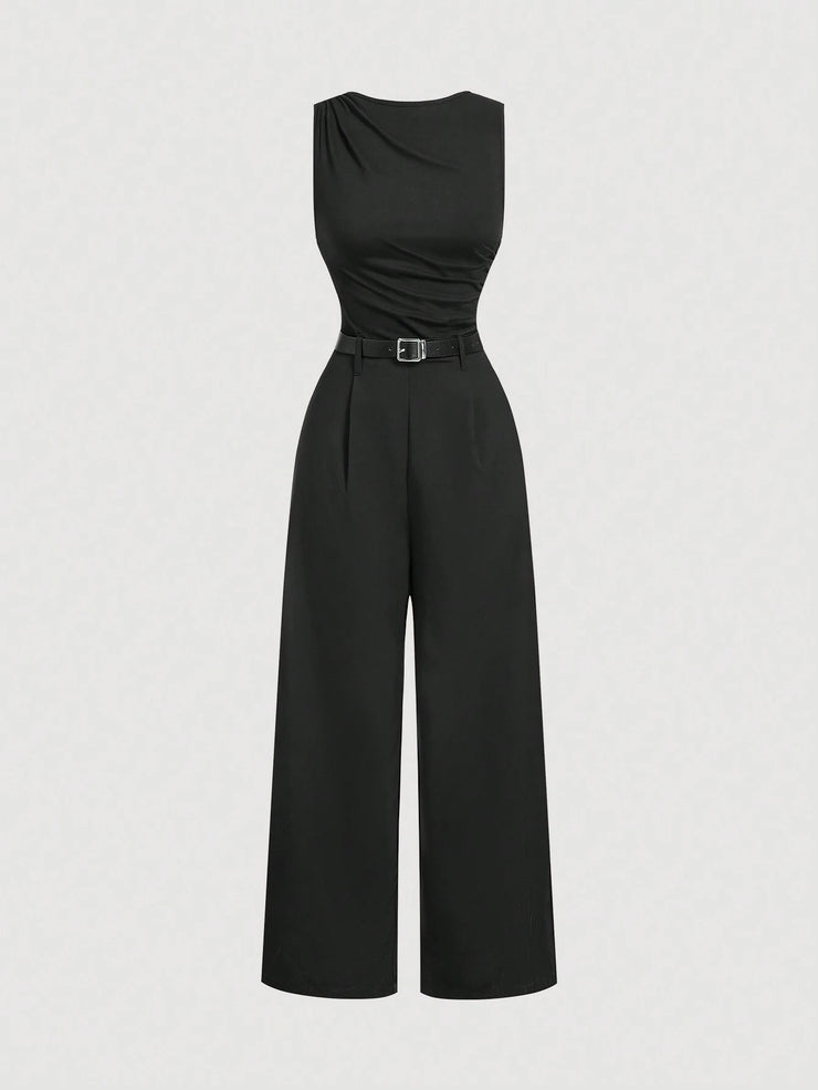 SHEIN MOD 1pc Women's Black Pleated Jumpsuit With Belt, Casual Style