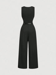 SHEIN MOD 1pc Women's Black Pleated Jumpsuit With Belt, Casual Style