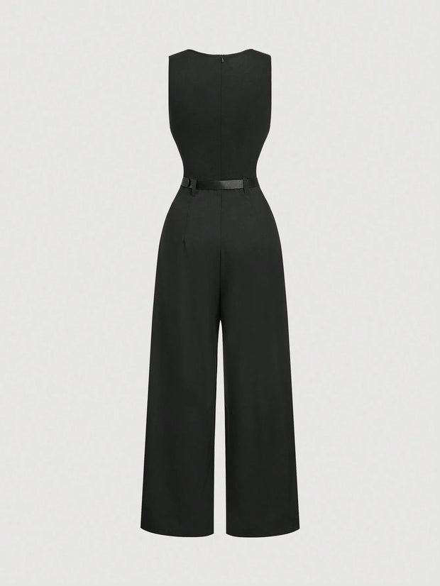 SHEIN MOD 1pc Women's Black Pleated Jumpsuit With Belt, Casual Style