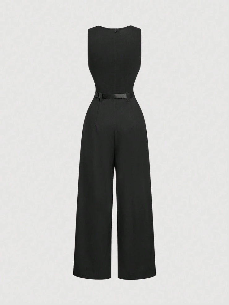 SHEIN MOD 1pc Women's Black Pleated Jumpsuit With Belt, Casual Style