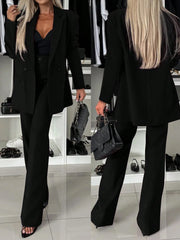 Elegant Double-Breasted Padded Shoulder Straight Leg Flared Pants Ladies 2 Pieces Suit
