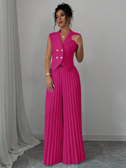 Elenzga Women Elegant Solid Color Notched Lapel Double Breasted Waistcoat And Wide Leg Pleated Suit Pants Set