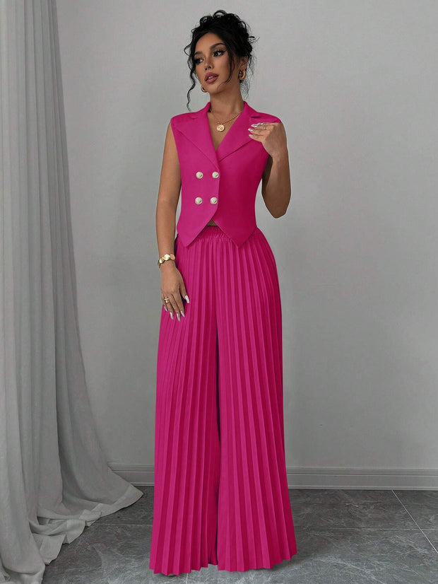 Elenzga Women Elegant Solid Color Notched Lapel Double Breasted Waistcoat And Wide Leg Pleated Suit Pants Set