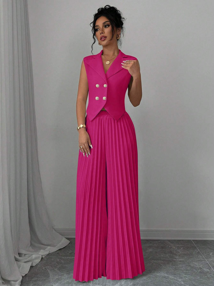 Elenzga Women Elegant Solid Color Notched Lapel Double Breasted Waistcoat And Wide Leg Pleated Suit Pants Set