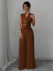 Elenzga Women Elegant Solid Color Notched Lapel Double Breasted Waistcoat And Wide Leg Pleated Suit Pants Set