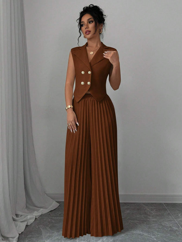 Elenzga Women Elegant Solid Color Notched Lapel Double Breasted Waistcoat And Wide Leg Pleated Suit Pants Set
