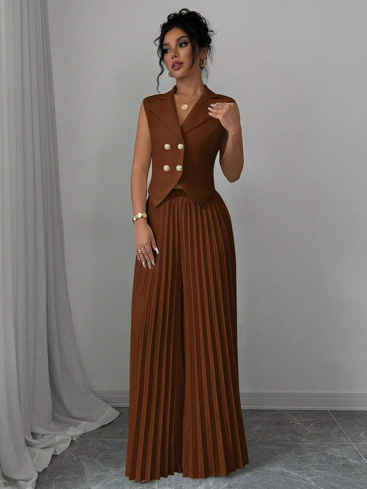 Elenzga Women Elegant Solid Color Notched Lapel Double Breasted Waistcoat And Wide Leg Pleated Suit Pants Set