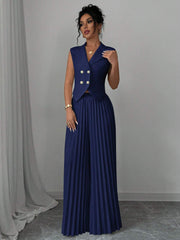 Elenzga Women Elegant Solid Color Notched Lapel Double Breasted Waistcoat And Wide Leg Pleated Suit Pants Set