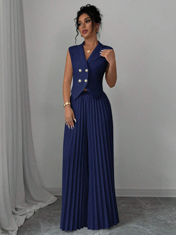 Elenzga Women Elegant Solid Color Notched Lapel Double Breasted Waistcoat And Wide Leg Pleated Suit Pants Set
