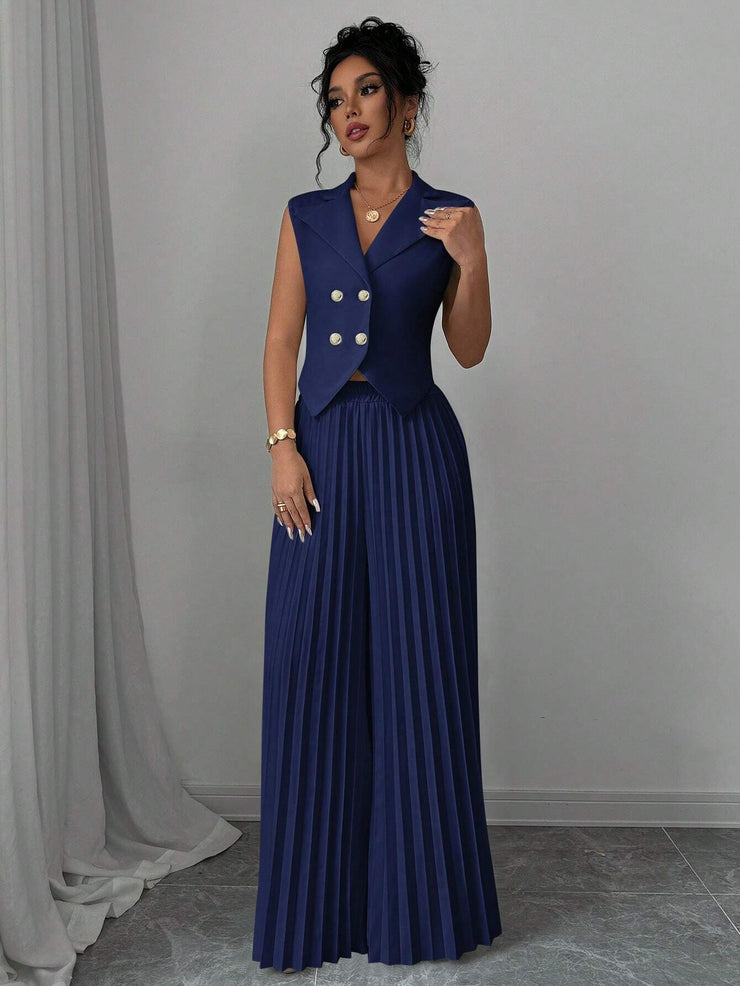 Elenzga Women Elegant Solid Color Notched Lapel Double Breasted Waistcoat And Wide Leg Pleated Suit Pants Set