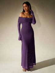 PARTHEA Off Shoulder Ruched Sequin Mesh Long Dress