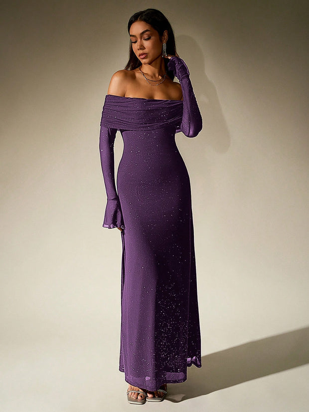PARTHEA Off Shoulder Ruched Sequin Mesh Long Dress