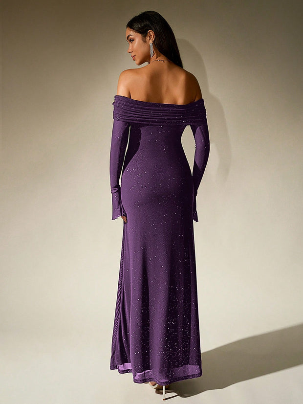 PARTHEA Off Shoulder Ruched Sequin Mesh Long Dress