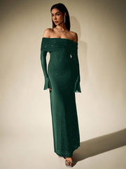 PARTHEA Off Shoulder Ruched Sequin Mesh Long Dress