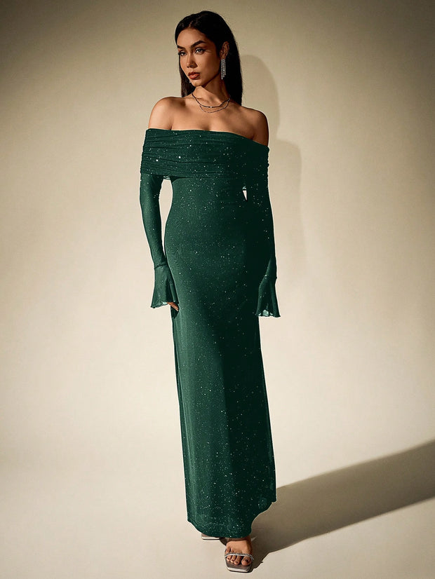 PARTHEA Off Shoulder Ruched Sequin Mesh Long Dress