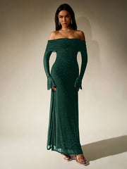 PARTHEA Off Shoulder Ruched Sequin Mesh Long Dress