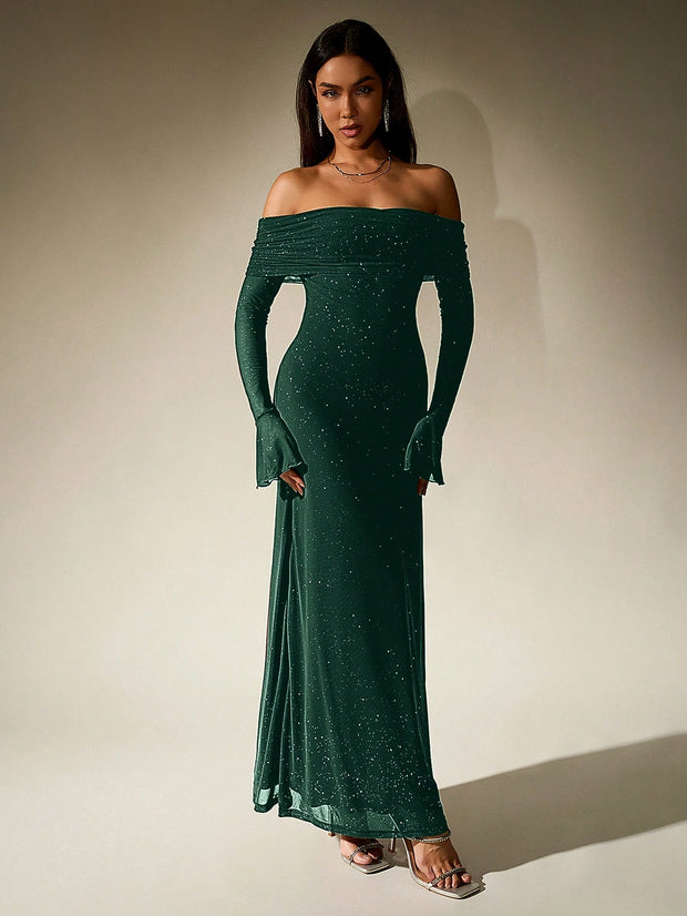 PARTHEA Off Shoulder Ruched Sequin Mesh Long Dress