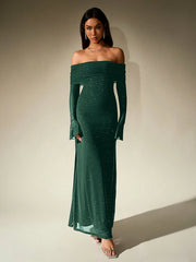 PARTHEA Off Shoulder Ruched Sequin Mesh Long Dress