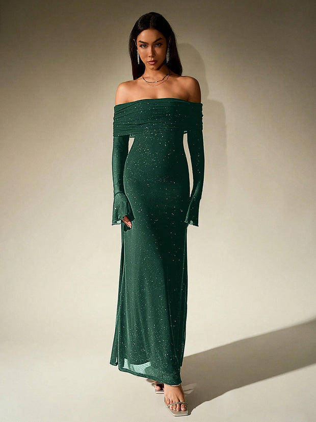 PARTHEA Off Shoulder Ruched Sequin Mesh Long Dress