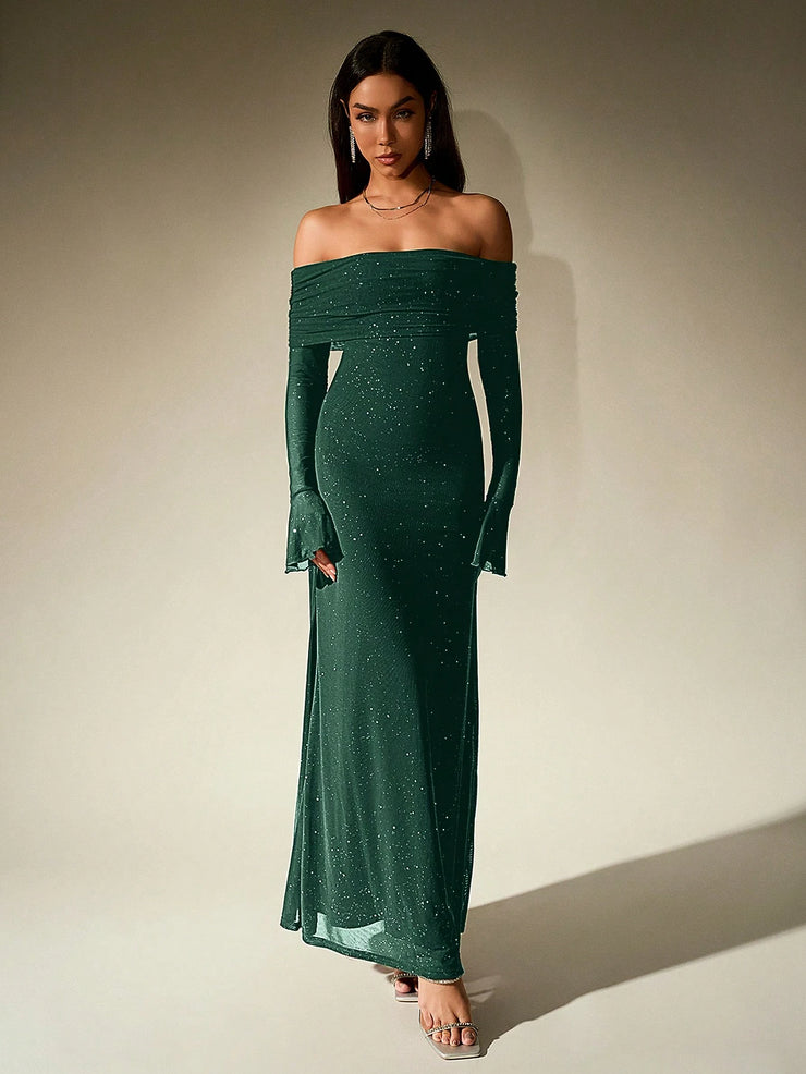 PARTHEA Off Shoulder Ruched Sequin Mesh Long Dress