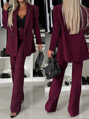 Elegant Double-Breasted Padded Shoulder Straight Leg Flared Pants Ladies 2 Pieces Suit