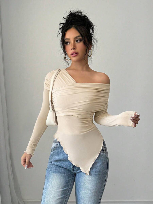 Rafferiza Women's Solid Color Open Shoulder Long Sleeve Casual Top, Everyday Wear