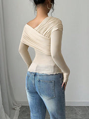 Rafferiza Women's Solid Color Open Shoulder Long Sleeve Casual Top, Everyday Wear
