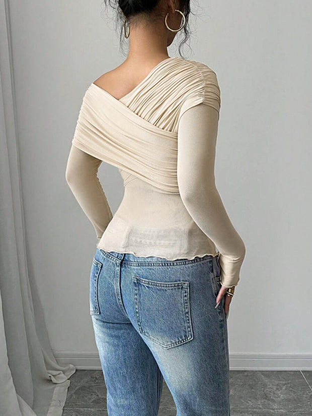 Rafferiza Women's Solid Color Open Shoulder Long Sleeve Casual Top, Everyday Wear