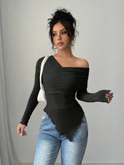 Rafferiza Women's Solid Color Open Shoulder Long Sleeve Casual Top, Everyday Wear