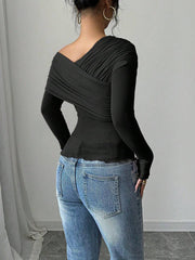 Rafferiza Women's Solid Color Open Shoulder Long Sleeve Casual Top, Everyday Wear