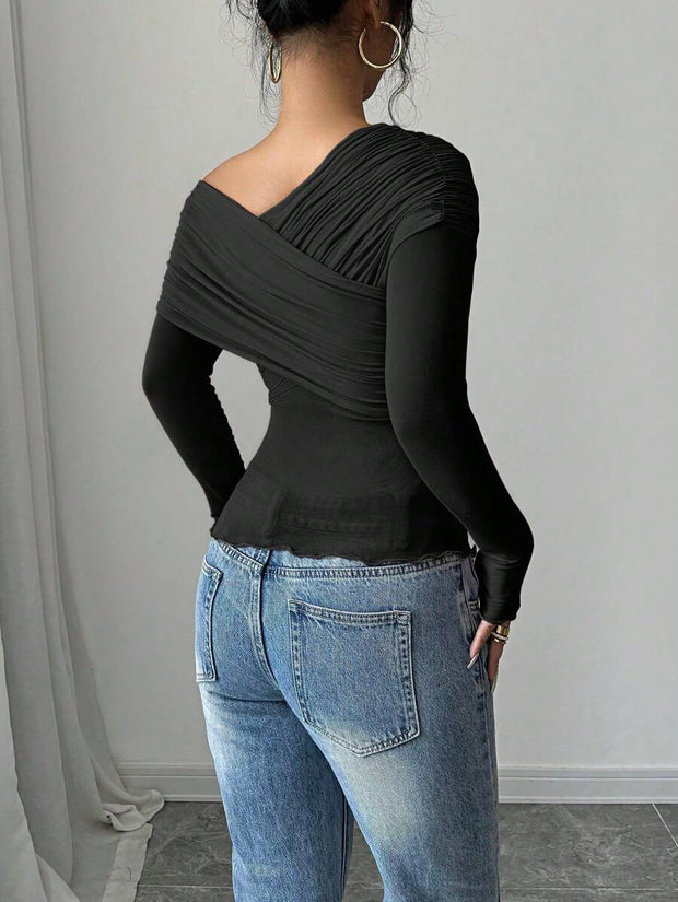 Rafferiza Women's Solid Color Open Shoulder Long Sleeve Casual Top, Everyday Wear