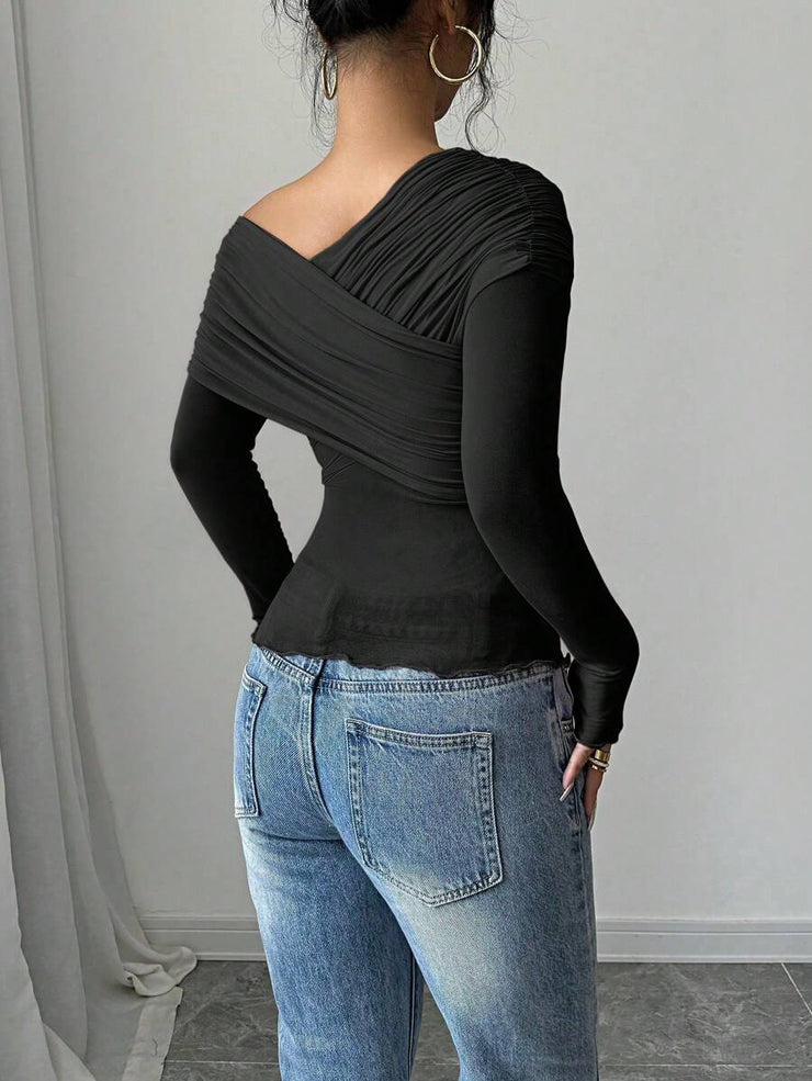 Rafferiza Women's Solid Color Open Shoulder Long Sleeve Casual Top, Everyday Wear