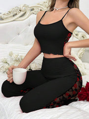 2pcs Contrast Color Lace See-Through Backless Sexy Camisole And Long Pants Sleepwear Set