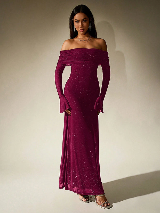 PARTHEA Off Shoulder Ruched Sequin Mesh Long Dress