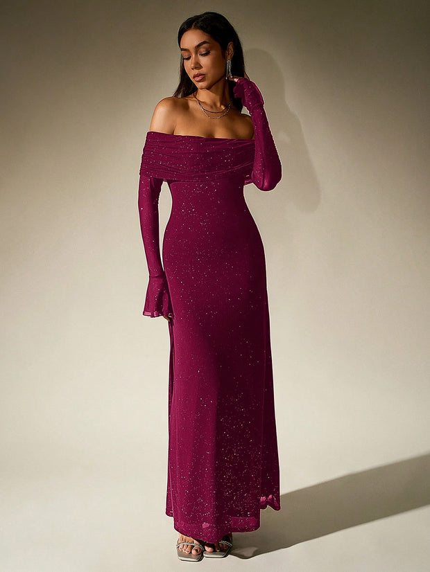 PARTHEA Off Shoulder Ruched Sequin Mesh Long Dress