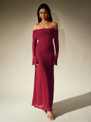 PARTHEA Off Shoulder Ruched Sequin Mesh Long Dress