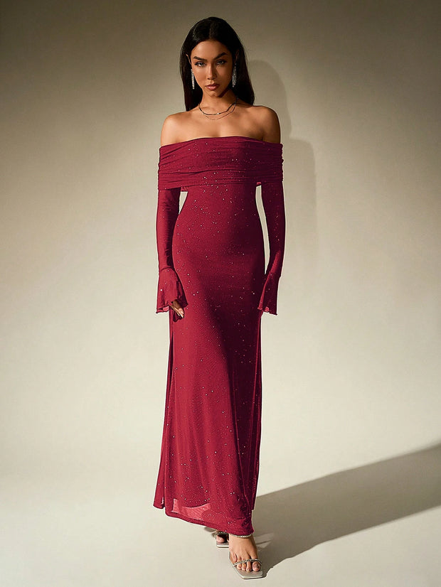 PARTHEA Off Shoulder Ruched Sequin Mesh Long Dress
