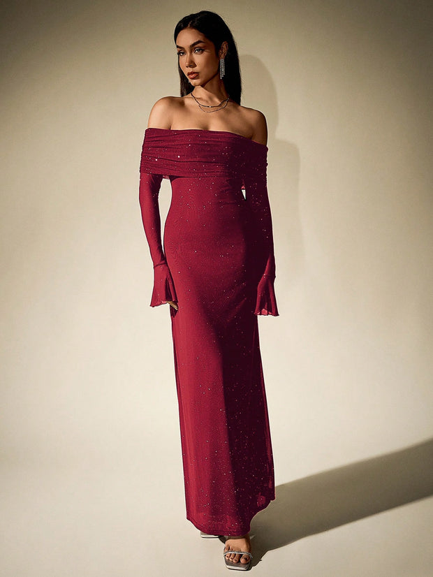 PARTHEA Off Shoulder Ruched Sequin Mesh Long Dress