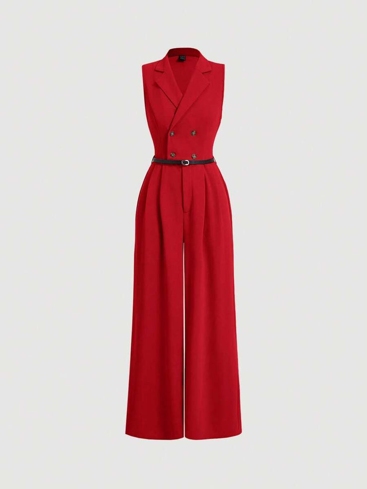 Elegant Lapel Neck Waist Wide Leg Jumpsuit, Casual Daily Women