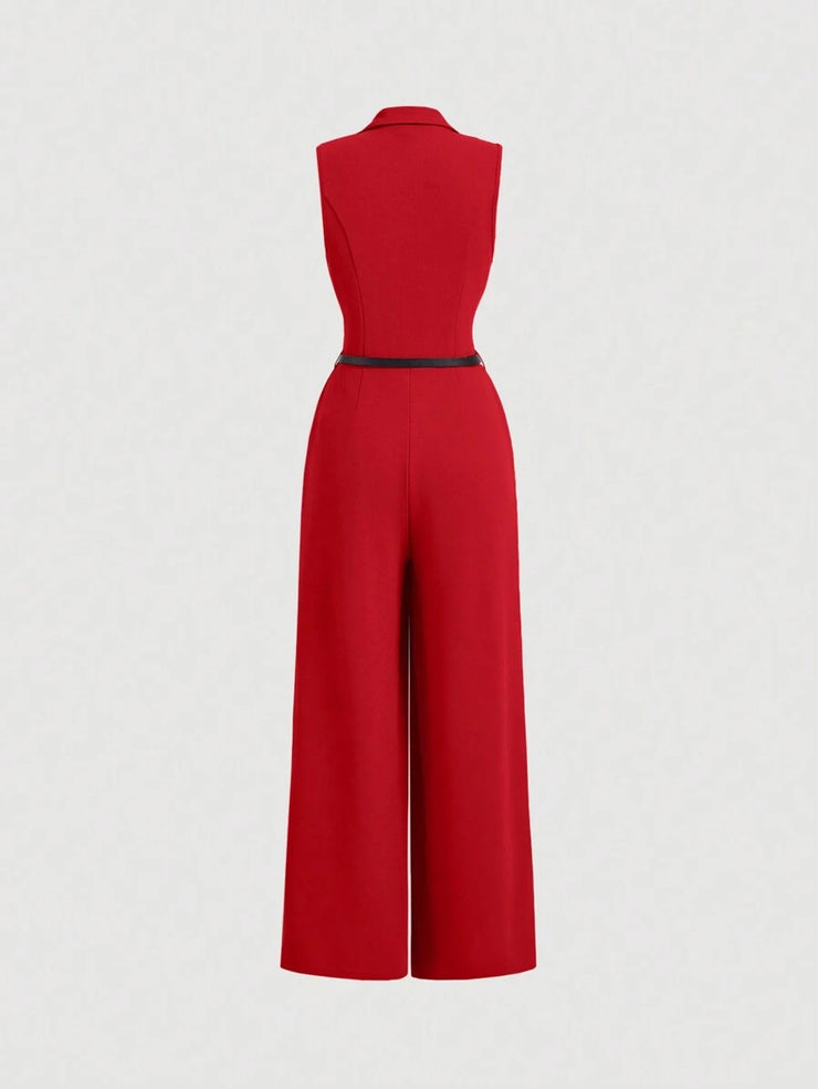 Elegant Lapel Neck Waist Wide Leg Jumpsuit, Casual Daily Women