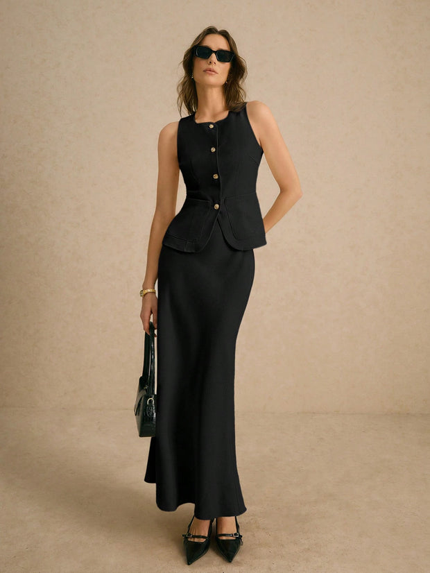 Poéselle 2pcs Excellent Minimalist Sharp, Single-Breasted Vest And Skirt Set