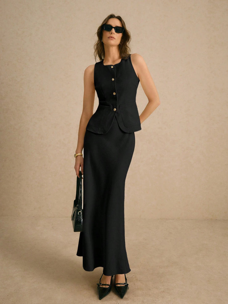 Poéselle 2pcs Excellent Minimalist Sharp, Single-Breasted Vest And Skirt Set